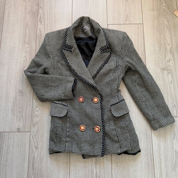 Marzo Womens Houndstooth Double-Breasted Blazer With Polka Dot Trim & Decorative - Picture 1 of 6